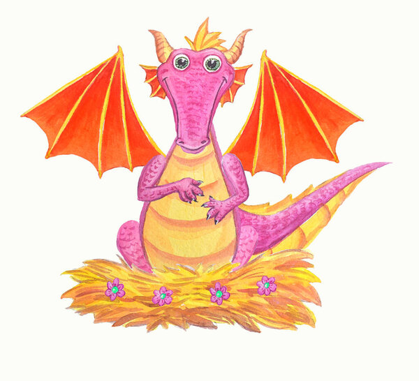 The cute fantasy dragon in the nest is a funny pink reptile. Prehistoric magic dinosaur with wings. Watercolor illustration for children isolated on white.