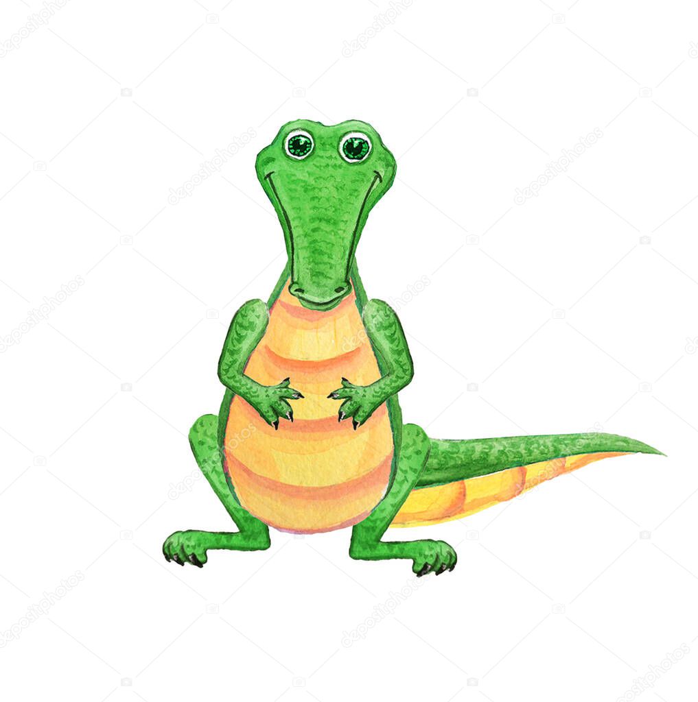 Cute green crocodile, funny reptile. Prehistoric magic dinosaur. Watercolor illustration for children isolated on white.