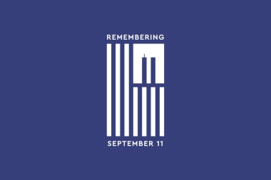 Daima 9-11 'i hatırla. Mavi arka planda ikiz kuleleri olan beyaz Amerikan ya da Amerikan bayrağı. Vatanseverlik Günü, Anma Günü. 11 Eylül 'deki terörist saldırıları asla unutmayacağız.