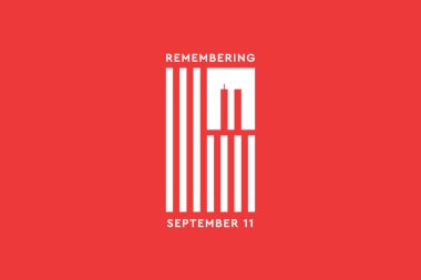 Daima 9-11 'i hatırla. Kırmızı arka planda ikiz kuleleri olan beyaz Amerikan ya da Amerikan bayrağı. Vatanseverlik Günü, Anma Günü. 11 Eylül 'deki terörist saldırıları asla unutmayacağız.