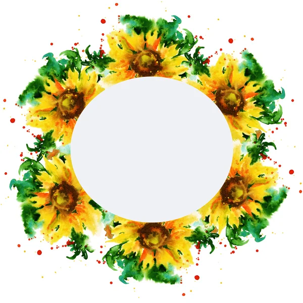 Rahmen mit Sonnenblumen. Urlaubsdesign. Vereinzelt. Aquarell — Stockfoto