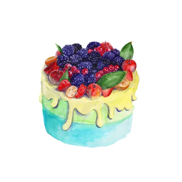 Piškotový dort s ovocem. izolovaný. Akvarel — Stock fotografie