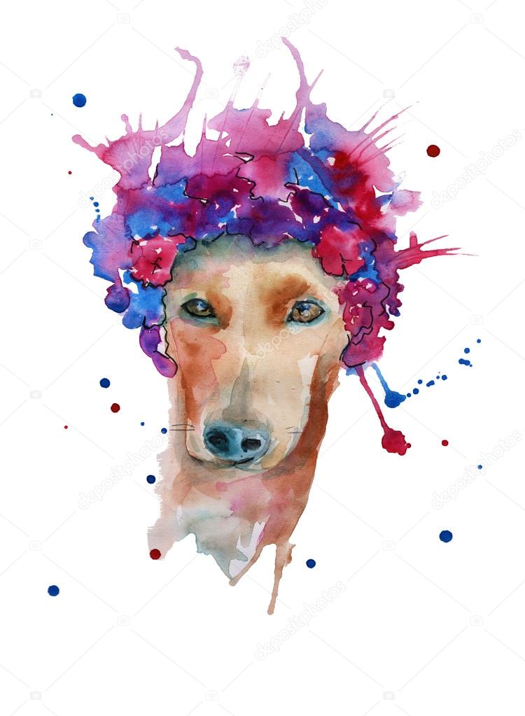 Dog in a wreath of flowers. isolated. watercolor