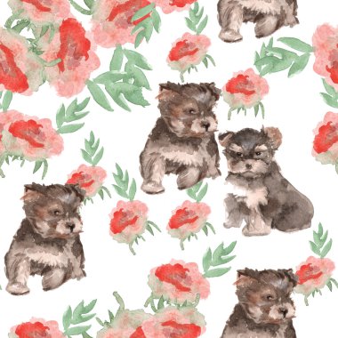 arka plan renkleri ve küçük köpekler. Dikişsiz desen Yorkie. su