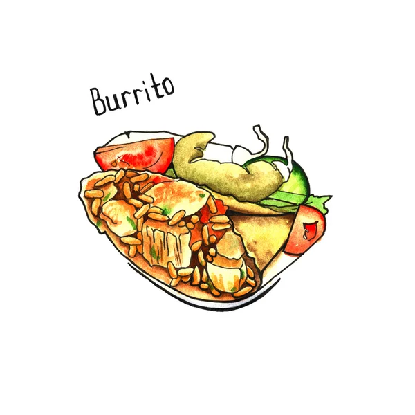 Burrito. Μεξικάνικη κουζίνα. απομονωμένη. ακουαρέλα. — Φωτογραφία Αρχείου