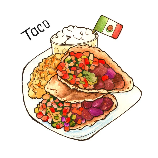 Taco. Cocina Mexicana. aislado. acuarela —  Fotos de Stock
