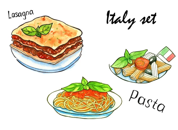 Definir esboços de comida italiana. Cozinha Italiana. isolado. aquática — Fotografia de Stock