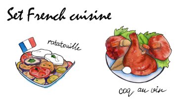 Fransız mutfağı çizimler ayarlayın. izole. suluboya