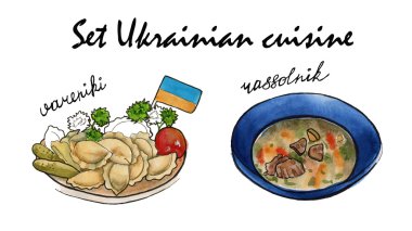 Set çanak Ukrayna mutfağından. izole. suluboya