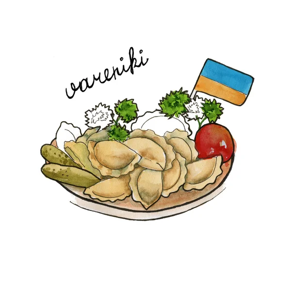 Vareniki dania kuchni ukraińskiej. na białym tle. akwarela — Zdjęcie stockowe
