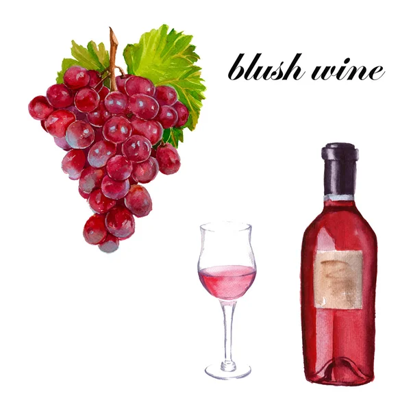 Blush vin A flaska, ett glas och en massa druvor. isolerade. WA — Stockfoto