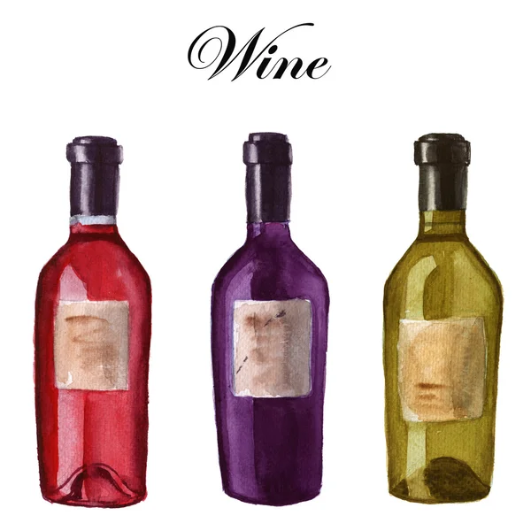 Trois bouteilles de vin. isolé. illustration aquarelle . — Photo