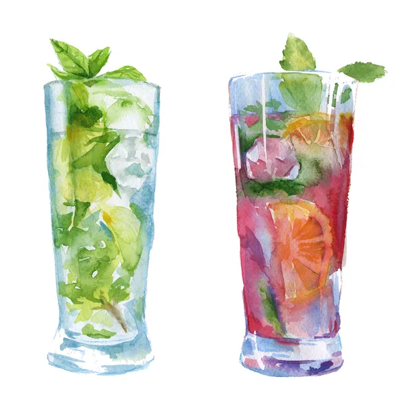 Koktejl s ovocem a mátou. izolovaný. Akvarel ilustrace — Stock fotografie