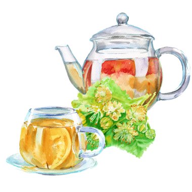 çaydanlık ve bardak. yeşil çay ıhlamur çiçekleri ile. izole. su