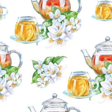 arka plan çay seti. seamless modeli. suluboya resim.