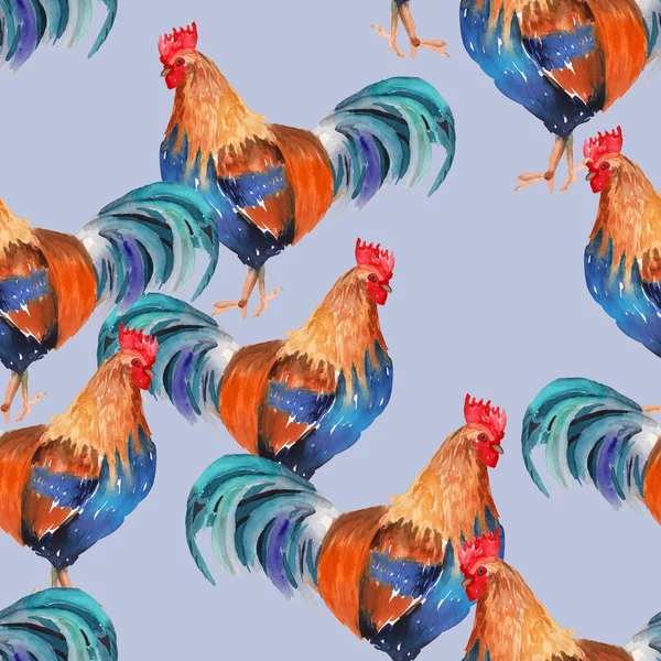 背景公鸡。无缝模式。水彩插图 — 图库照片