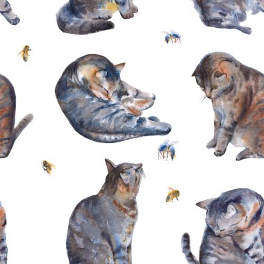kedi ve arılar ile arka plan. sorunsuz desen. suluboya illu