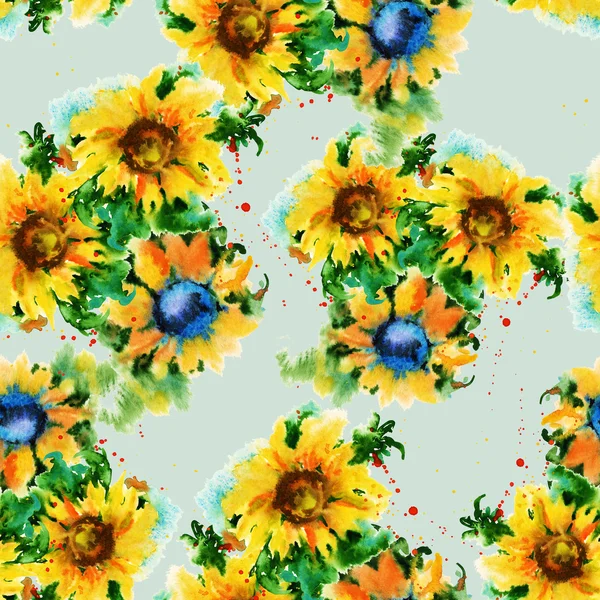 Pozadí květy slunečnice. Vzor bezešvé. Akvarelu illus — Stock fotografie
