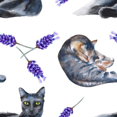 kedi ile arka plan. seamless modeli. suluboya resim.