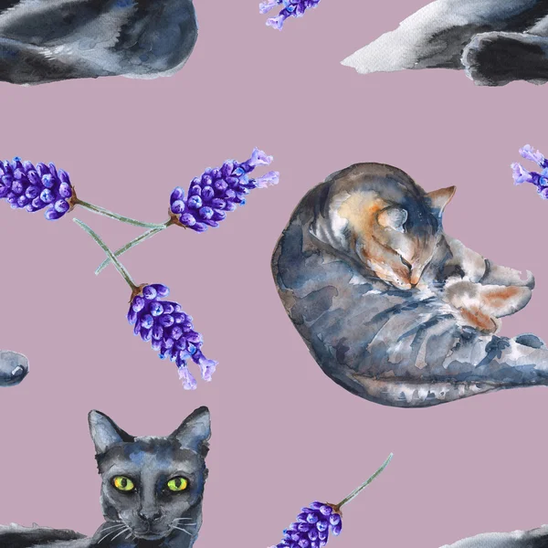 Háttér-val macskák. varrat nélküli mintát. akvarell illusztráció. — Stock Fotó