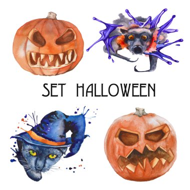 Seth Halloween. Kara kedi, yarasa ve kabak. Beyaz arka plan üzerinde izole. Suluboya resim. 
