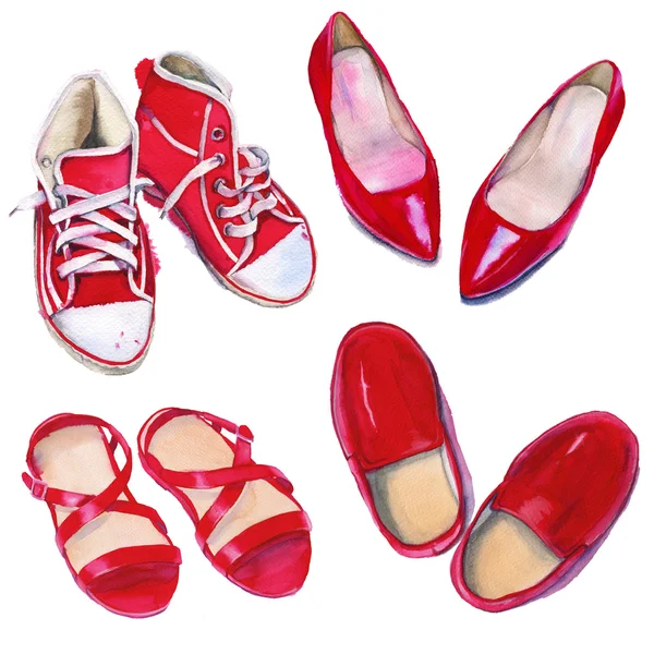 Rote Schuhe. isoliert auf weißem Hintergrund. Aquarell illus — Stockfoto