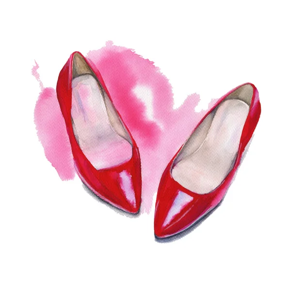 Schuhe Damen rot. isoliert auf weißem Hintergrund. Aquarellillustration. — Stockfoto