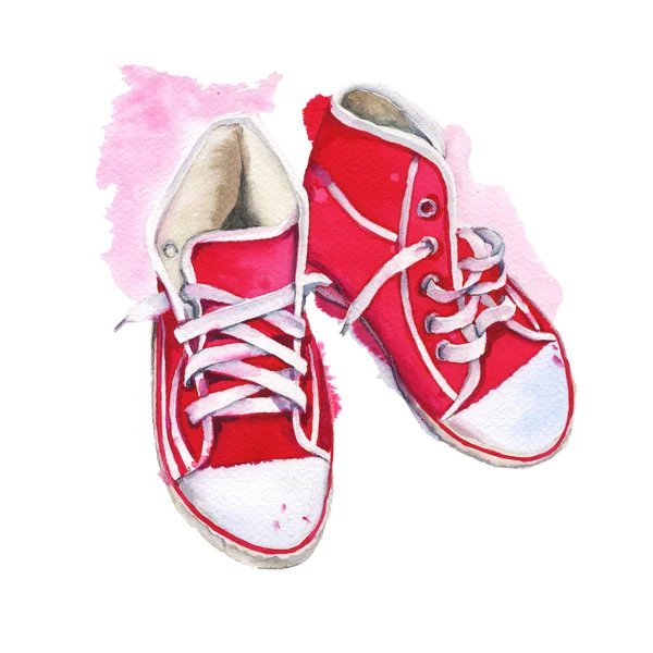 Piros cipők. Elszigetelt fehér background. Akvarell illusztráció. — Stock Fotó