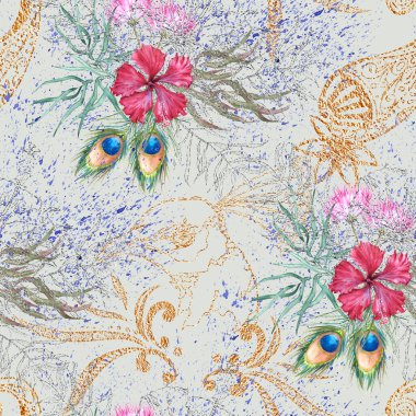 Ulusal Hint çiçekleriyle donatılmış bir arka plan. Kusursuz desen.