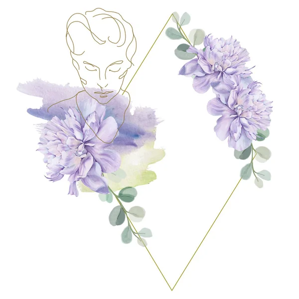 Rahmen mit einer Skizze eines Mädchenkopfes und Blumen. Isoliert auf weißem Hintergrund. — Stockfoto