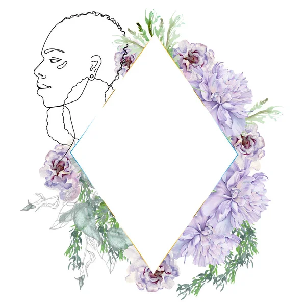 Rahmen mit einer Skizze eines Mädchenkopfes und Blumen. Isoliert auf weißem Hintergrund. — Stockfoto