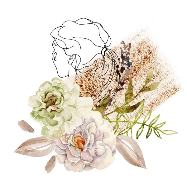 Összetétel egy vázlattal egy lány fejéről és virágairól. Fehér alapon elszigetelve. — Stock Fotó