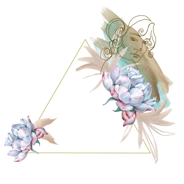 Moldura com um esboço de uma cabeça de meninas e flores. Isolado sobre um fundo branco. — Fotografia de Stock