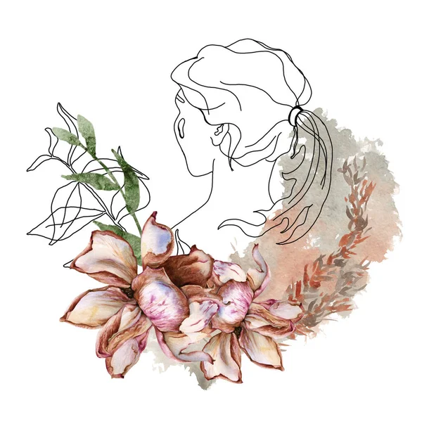 Composição com um esboço de uma cabeça de meninas e flores. Isolado sobre um fundo branco. — Fotografia de Stock