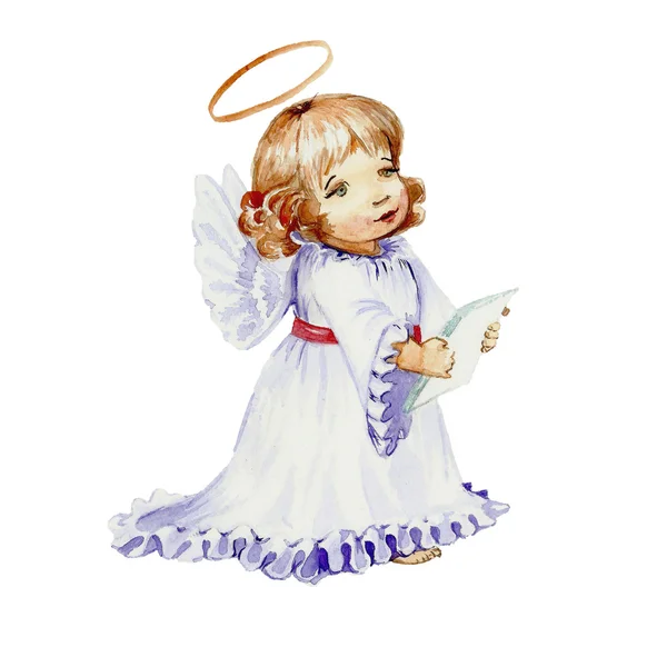 Christmas angel with book watercolor — 图库照片