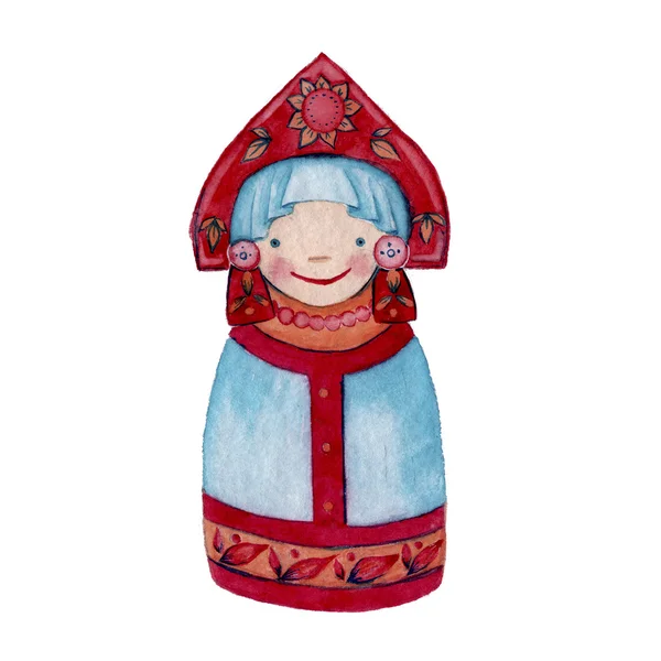 Doll in Russian national costume watercolor — Stock Fotó