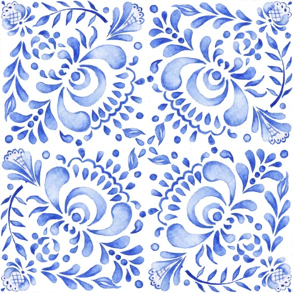 Ornamento de fundo azul em branco Gzhel aquarela patchwork — Fotografia de Stock