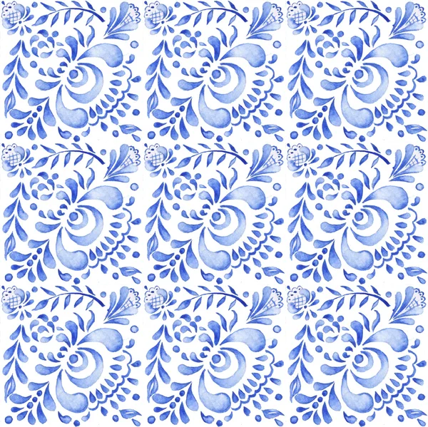 Ornamento de fundo azul em branco Gzhel aquarela patchwork — Fotografia de Stock