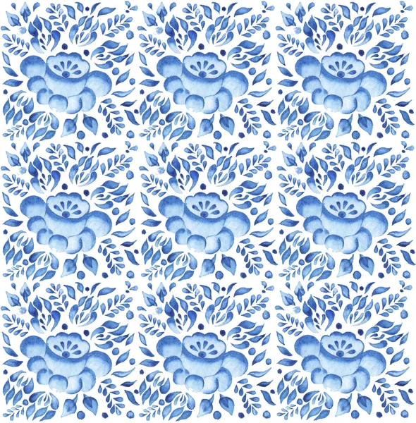 Ornamento de fundo azul em branco Gzhel aquarela patchwork — Fotografia de Stock