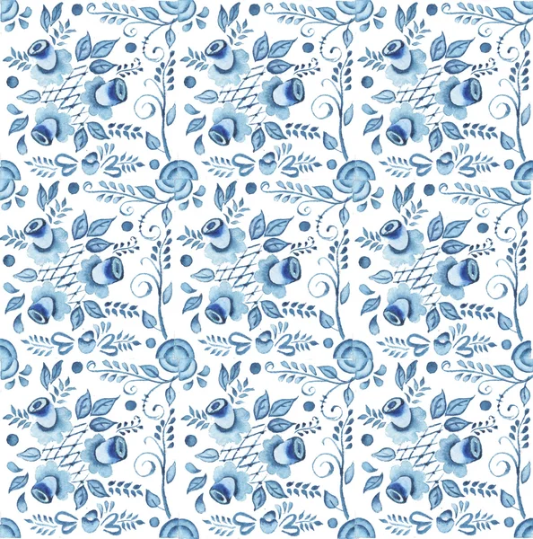 Sfondo ornamento blu su bianco Gzhel acquerello patchwork — Foto Stock