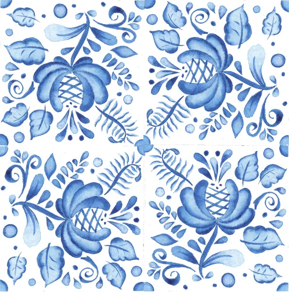 Ornamento de fondo azul sobre blanco Gzhel acuarela patchwork — Foto de Stock