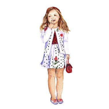 Kırmızı çiçekli beyaz elbiseli bir kız. izole. Suluboya