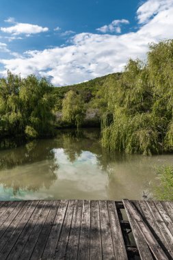 Ağlayan söğütlerle çevrili bir gölün kenarındaki ahşap çardak.