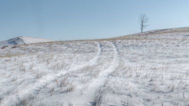 Kış yolu, Olkhon adasında ender bir ormanla kaplı tepelerle kaplı bozkırın içinden geçer..