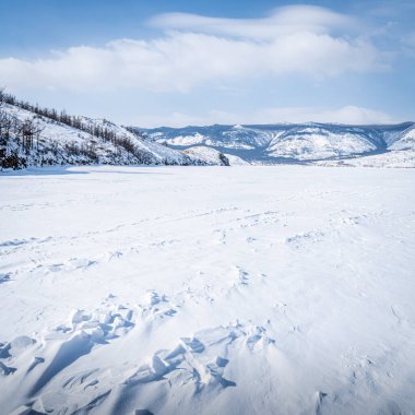 Baykal buzunun uçsuz bucaksız yüzeyi ışıldayan bir kar tabakasıyla kaplıdır..