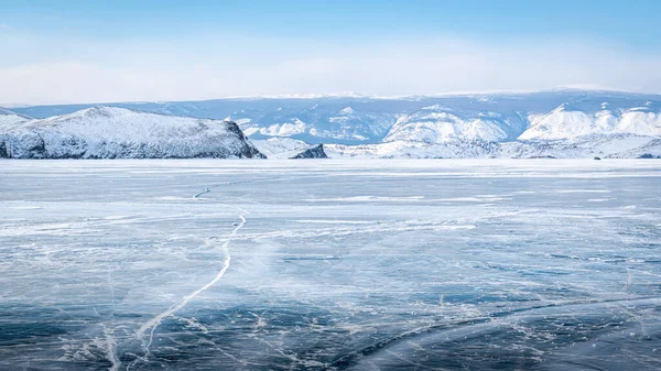 Surface Sans Fin Glace Baïkal Est Recouverte Une Couche Neige — Photo