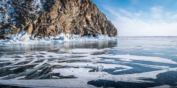 Surface Sans Fin Glace Baïkal Est Recouverte Une Couche Neige — Photo