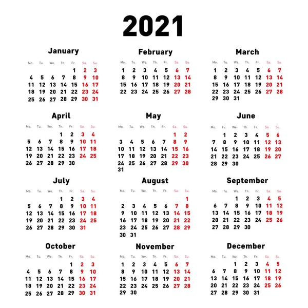 Takvim 2021. İngiliz Dili. Beyaz arka planda izole edilmiş. Normal yazı tipi. Vektör illüstrasyonu.