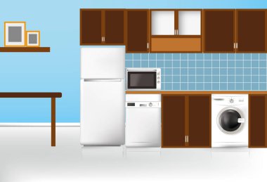 Masa, ocak, dolap, bulaşık makinesi, çamaşır makinesi ve mutfak için buzdolabı. Düz ev sanat vektörü illüstrasyonu. İç mekan, mutfak aletleri mobilya, çizgi film tarzında pişirme afişi.