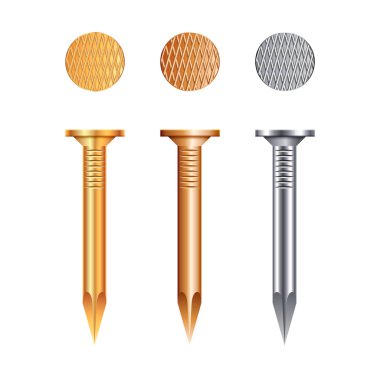 Gerçekçi metalik tırnak seti beyaz arka plan üzerinde izole. Vektör